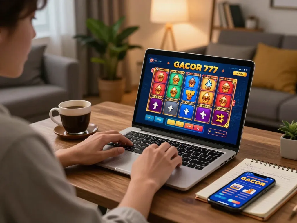 SLOT GACOR 777 gameplay in action at home, showcasing a player engaged in strategic online gambling