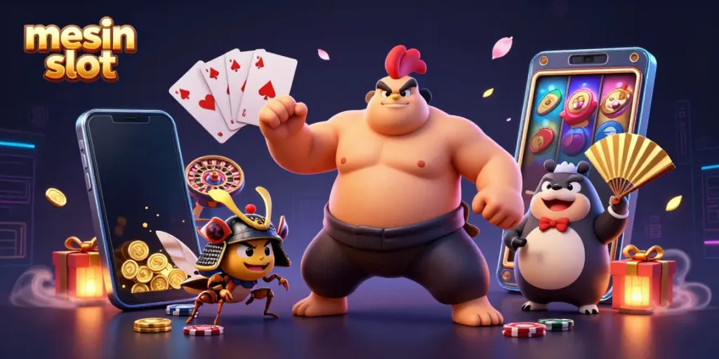 Experience the excitement of mesin slot in a dynamic casino scene with unique characters and vibrant game elements.