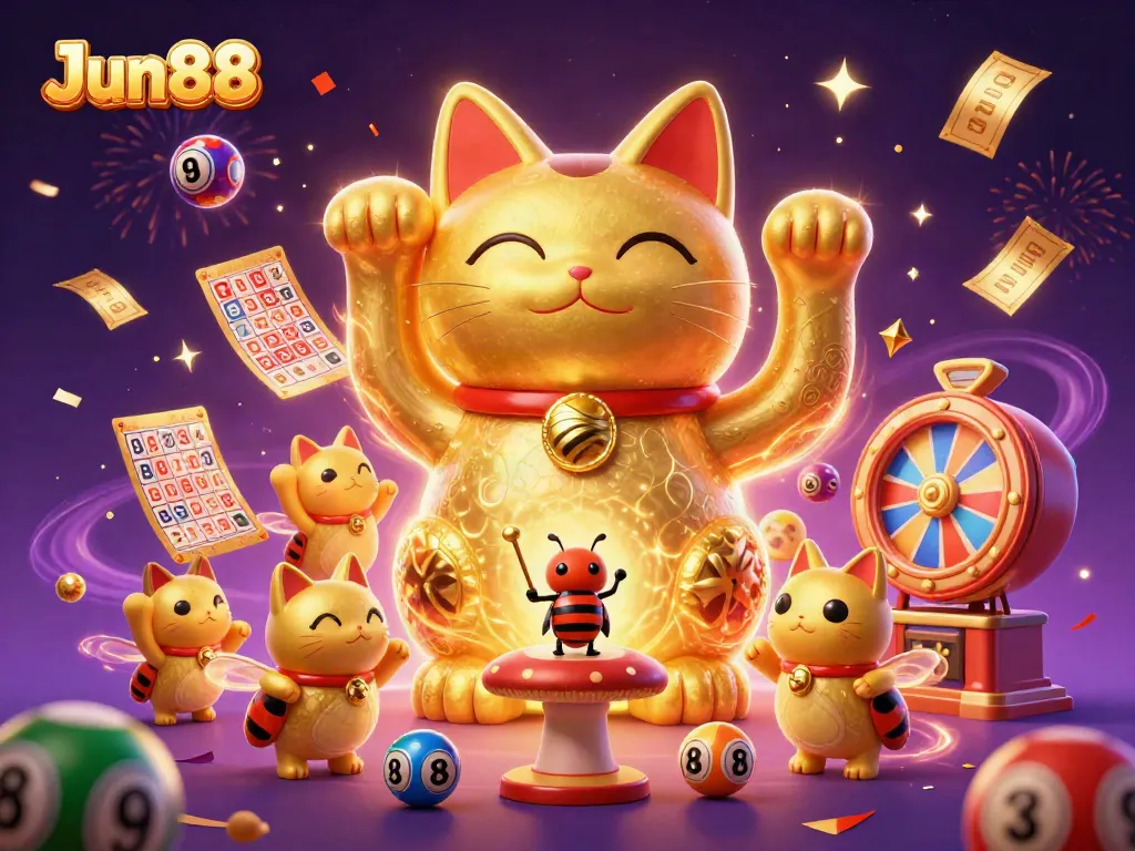 Experience the luck of Jun88 with a vibrant 3D illustration featuring a golden cat and casino elements.