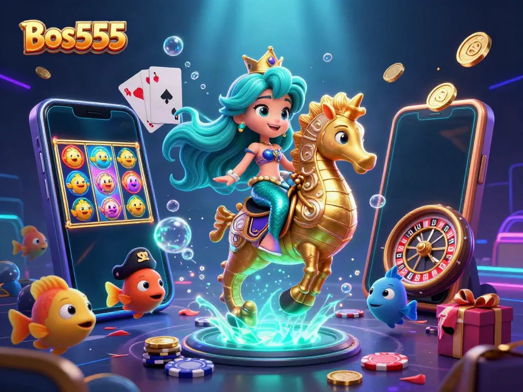 Permainan slot online Bos555 menghadirkan putaran mengasyikkan dengan karakter putri duyung dan teman-teman ikan bajak laut.
