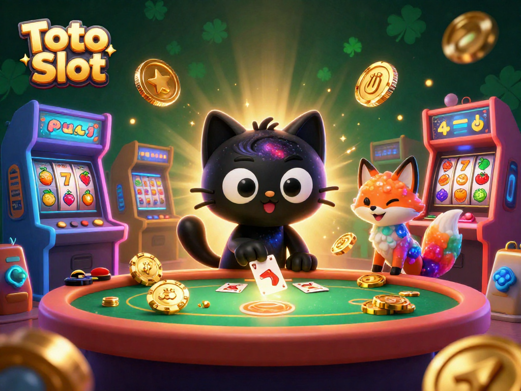 Permainan Toto Slot yang menampilkan kucing black hole 3D di meja kasino galaksi dan simbol keberuntungan.
