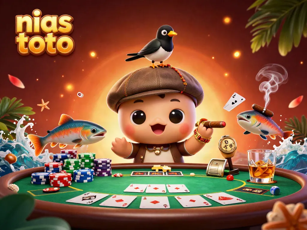 Ilustrasi 3D nias toto menarik dengan karakter ceria dan elemen kasino