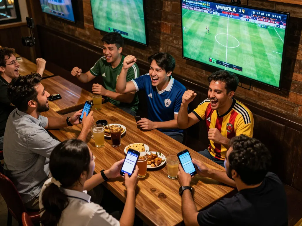 WWBOLA sports betting scene with friends celebrating and placing bets, vibrant atmosphere and excitement