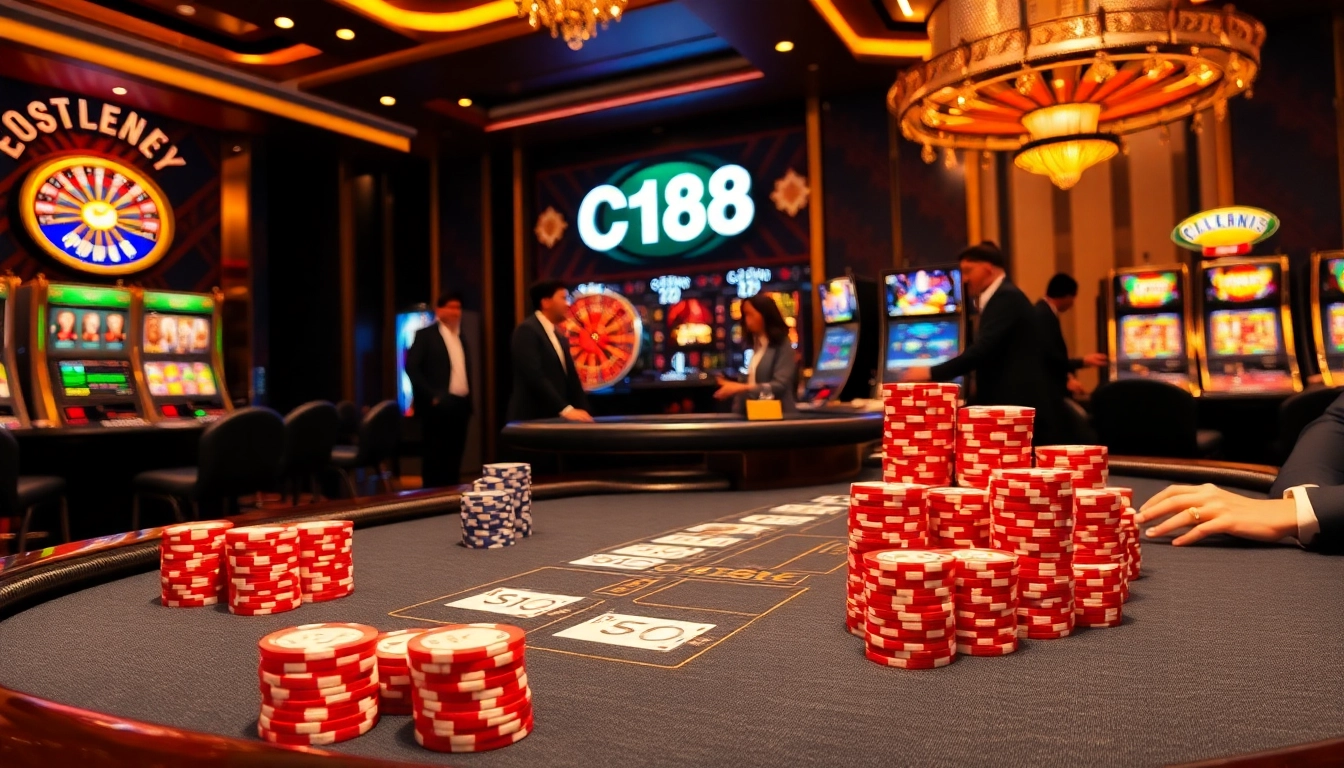 Experience C 168 with players enjoying a thrilling casino atmosphere featuring poker tables and roulette.