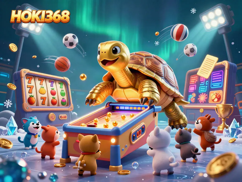 Play exciting games at HOKI368 with vibrant slot reels and a cartoon tortoise pinball machine.