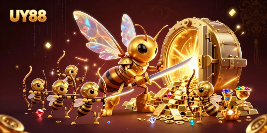 Engage in thrilling casino action with UY88, featuring a dynamic scene of a hornet samurai and bee archers.
