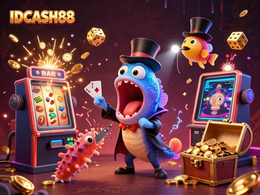 Engage with IDCASH88’s thrilling card magic scene featuring vibrant casino elements and underwater characters.