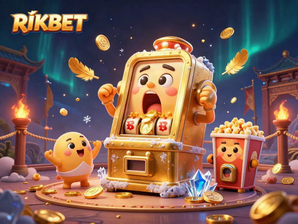 Experience RIKBET's exciting slot machine action as golden coins overflow in this vibrant casino adventure.