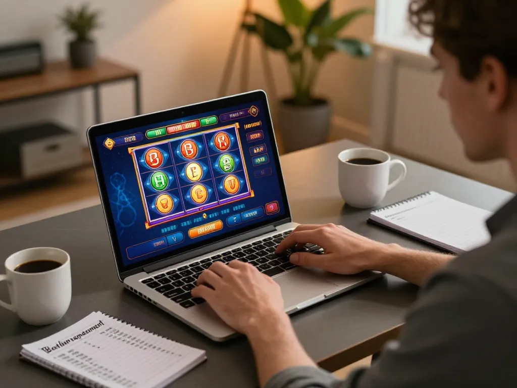 LGO SUPER player enjoying online slots on laptop, creating a strategic gaming environment with notes and coffee