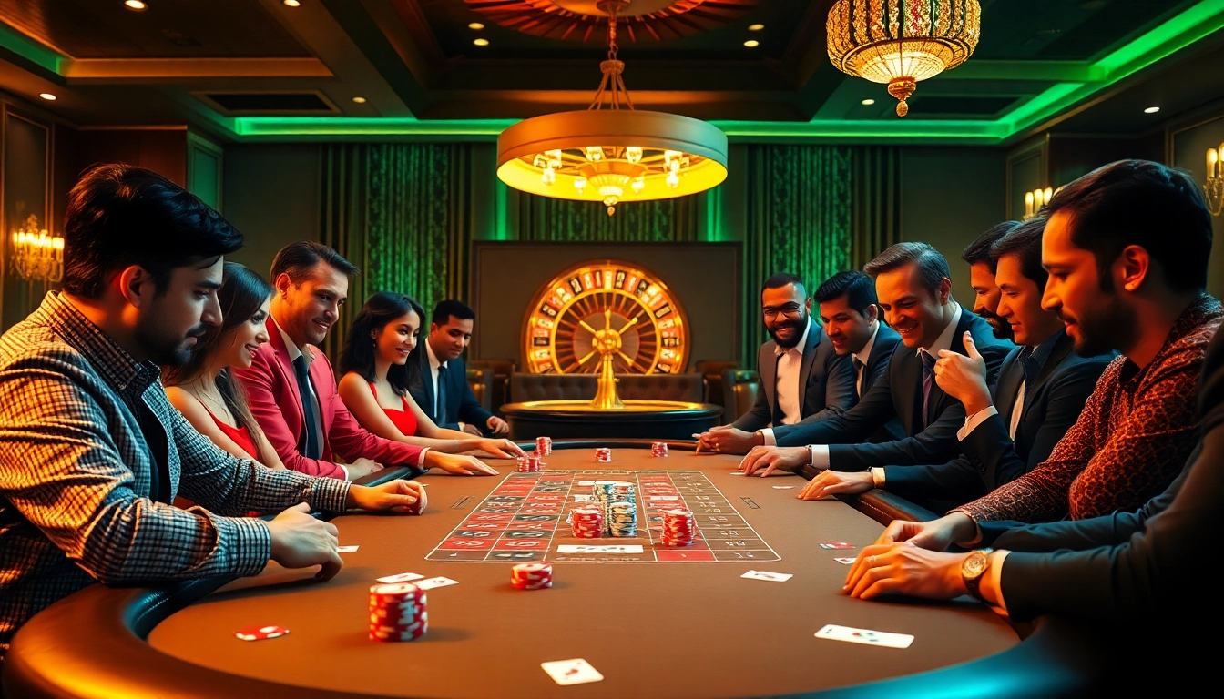 Situs 11 players immersed in a thrilling poker game, showcasing vibrant casino elements and luxury atmosphere.