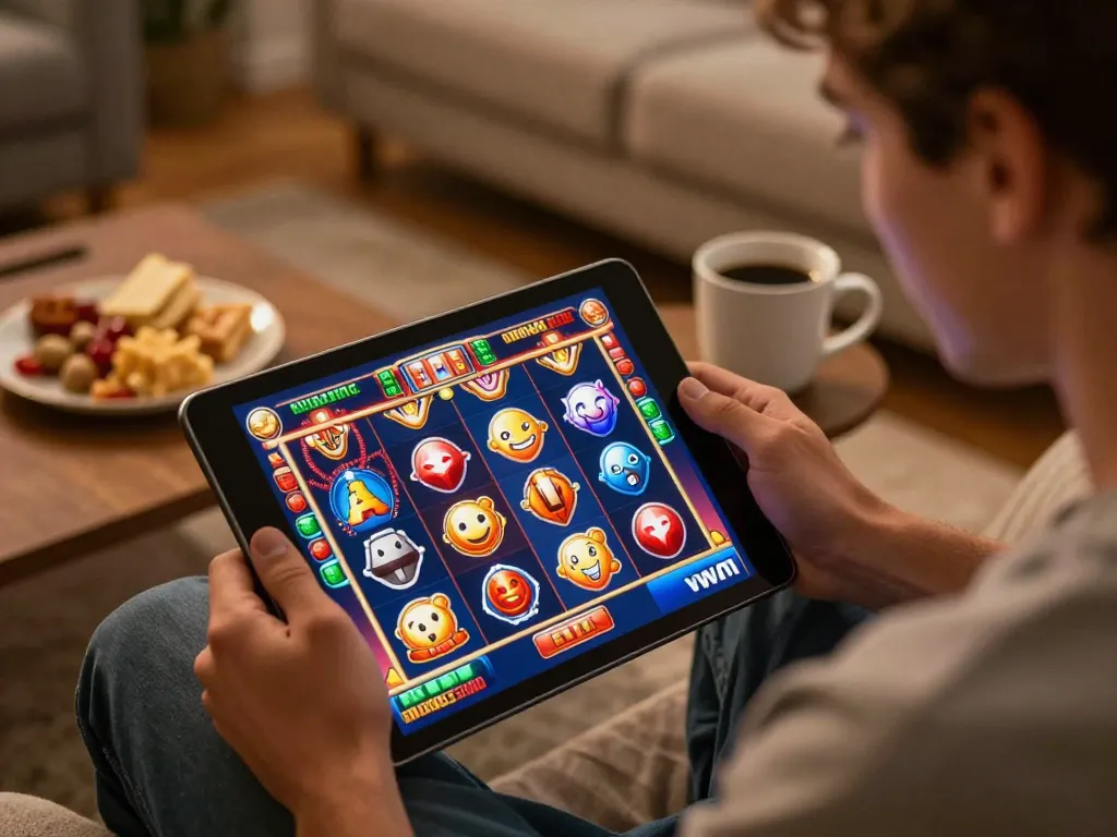 Pemain menikmati pengalaman kasino online yang menarik dengan link slot gacor di layar, menampilkan grafik slot yang hidup dalam suasana yang nyaman.