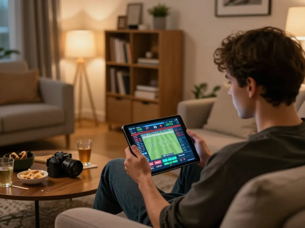 Player engaging in online sports betting with bayitoto displayed on their tablet, emphasizing strategic gameplay.