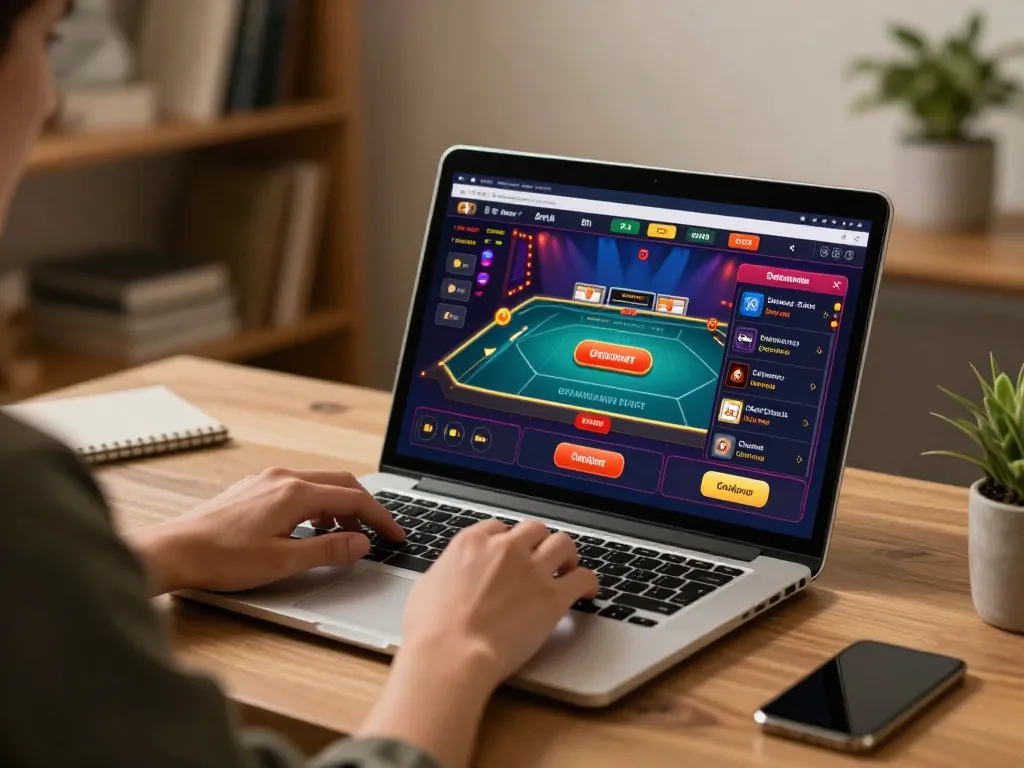 Experience strategic gameplay with luckywinzdev on a stylish laptop at home.