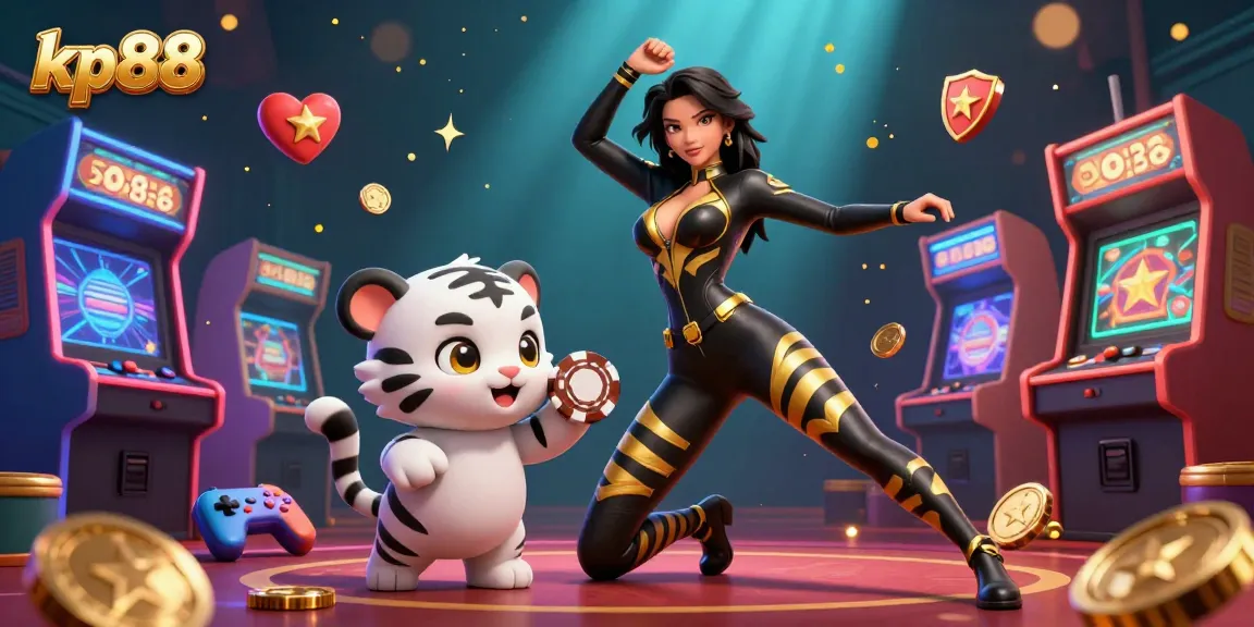 Engage with kp88's captivating gaming experience featuring a stunning woman and playful baby tiger in a dynamic casino setting.