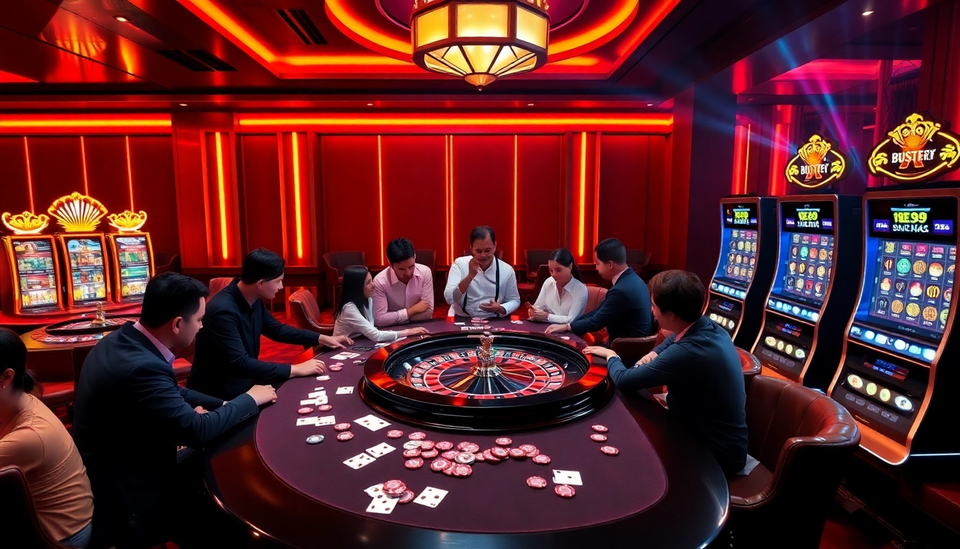 Exciting gaming scene at go 99 casino featuring a roulette table and slot machines.
