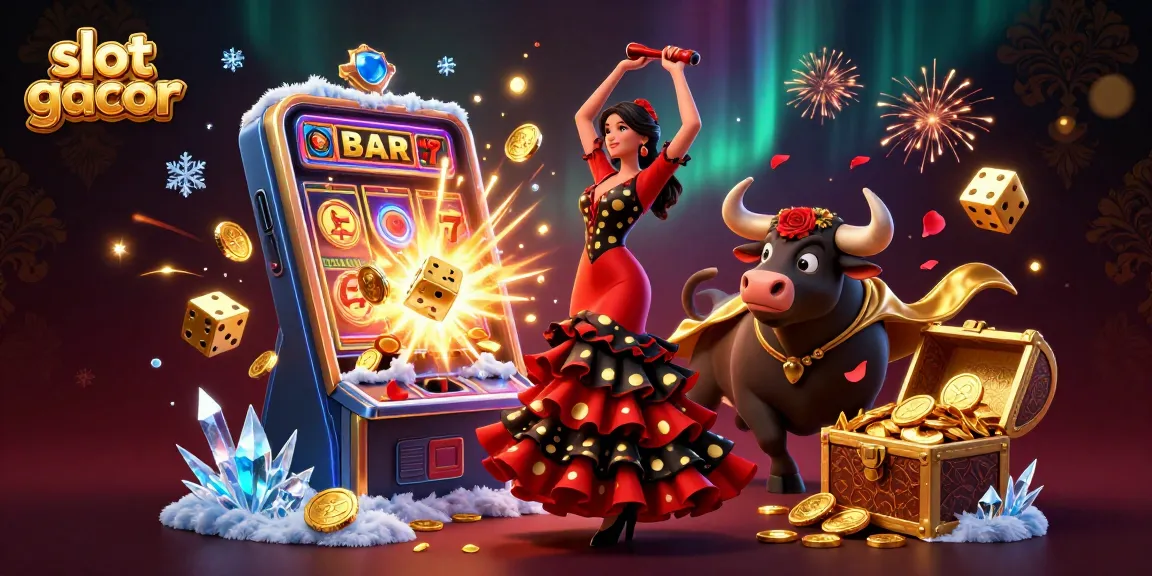 Experience slot gacor excitement with dynamic 3D illustration of a flamenco dancer, a bull, and vegas-style game elements.