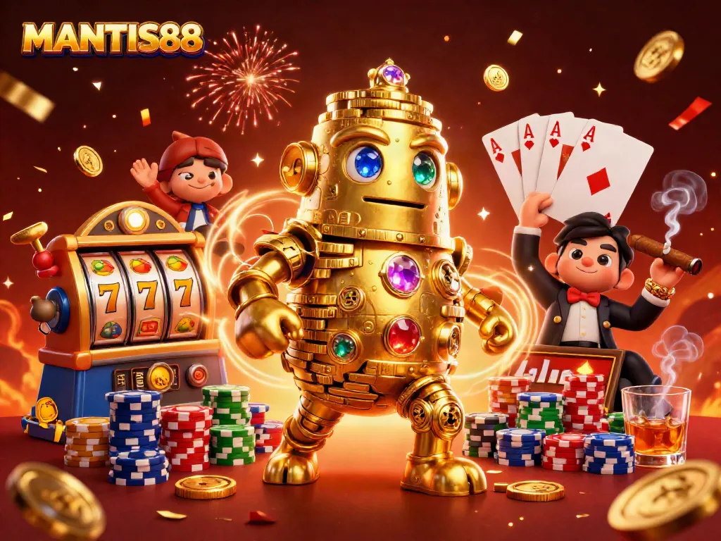 Experience the excitement of winning with MANTIS88 and a dynamic casino illustration featuring slot elements.