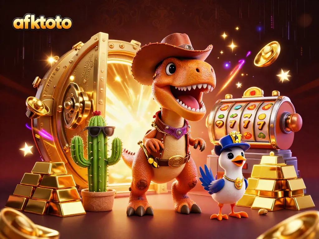 Gambarkan pengalaman bermain untuk afktoto dengan dinosaurus cowboy dan harta karun mesin slot.