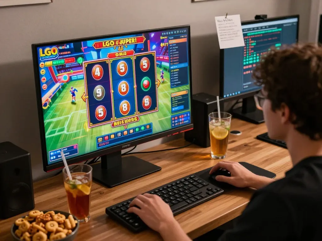 LGO SUPER player enjoying an immersive slot experience on a vibrant desktop setup.