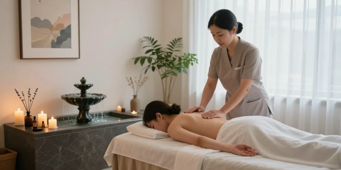 하남출장안마 massage therapy in a serene spa setting with candles and calming ambiance.