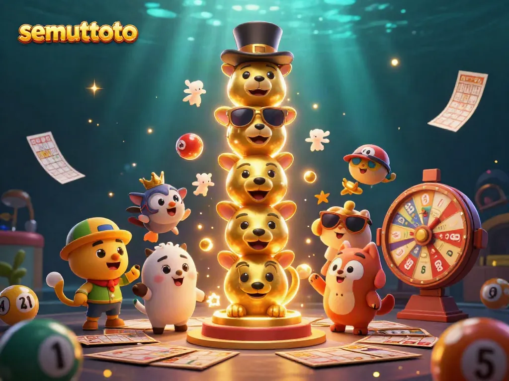 Mainkan togel online di semuttoto, dengan totem karakter yang penuh warna dan elemen lotere menarik.
