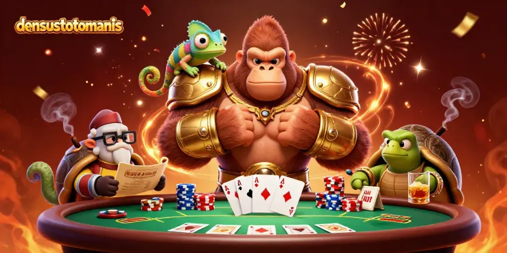 Engage in the thrilling atmosphere of densustotomanis with a vibrant poker scene featuring a gorilla king.
