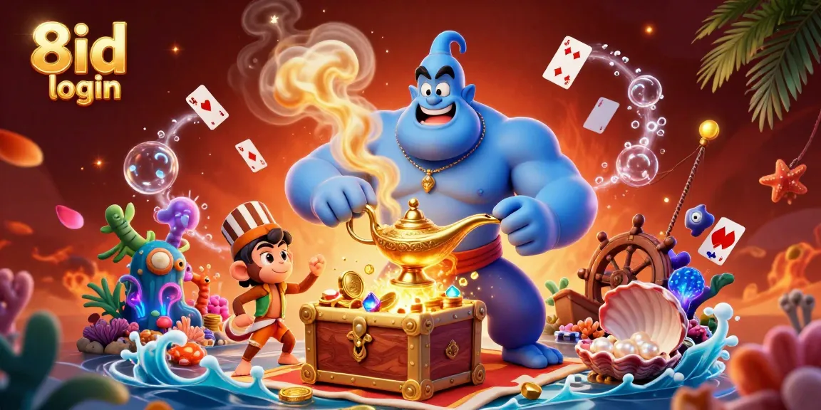 Experience the vibrant 8id login charm with a genie, monkey, and poker chips in an animated casino-style scene.