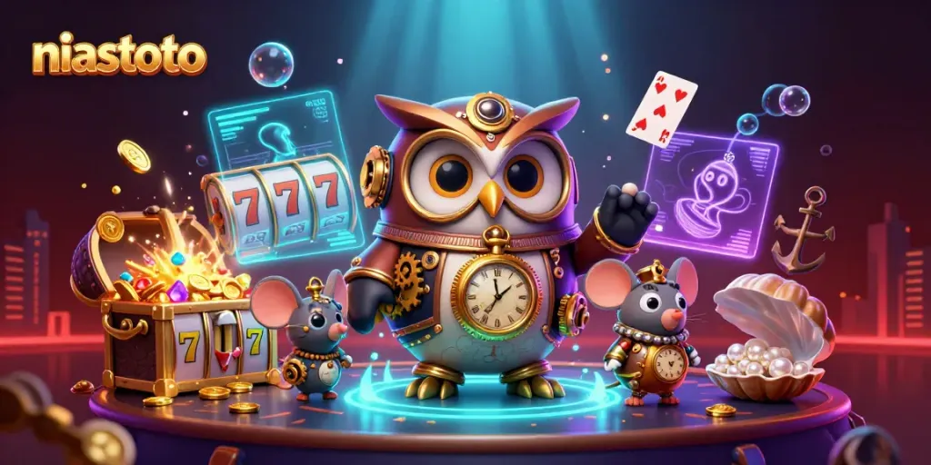 Engage with niastoto's thrilling casino features through a vibrant 3D illustration portraying a time-traveling owl.