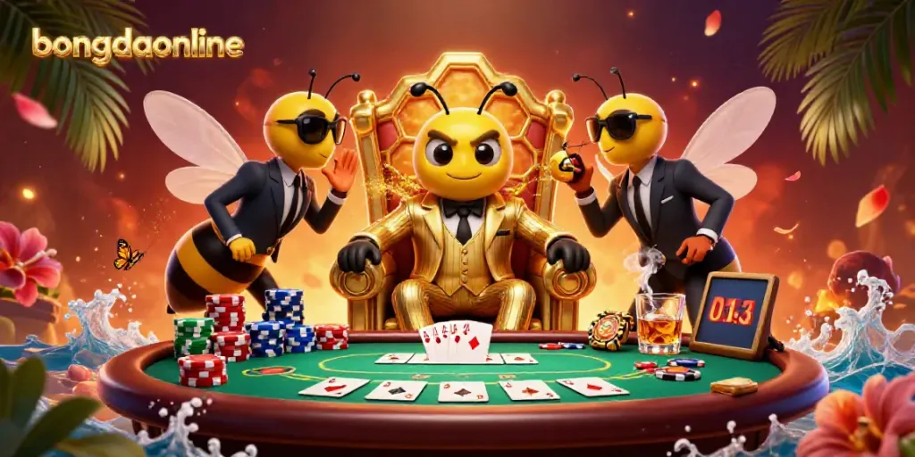 Engage in thrilling poker action with bongdaonline's vibrant 3D scene of a bumblebee mob boss in a lively casino setting.