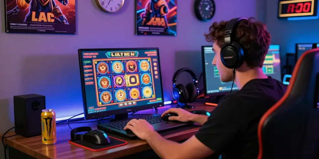 Enthusiast playing Seributoto online slots in a vibrant gaming space.
