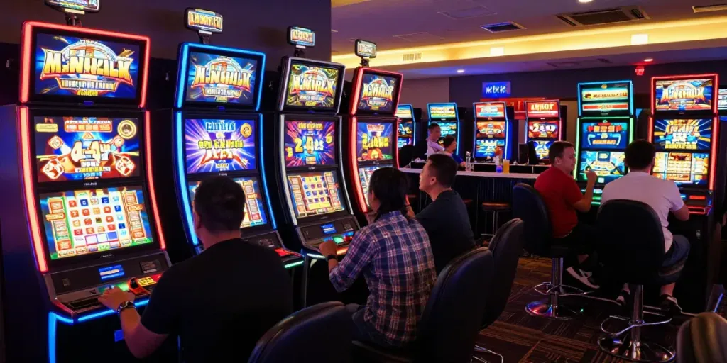 Pengalaman bermain di betslots88 dengan pemain ceria di mesin slot berwarna-warni.