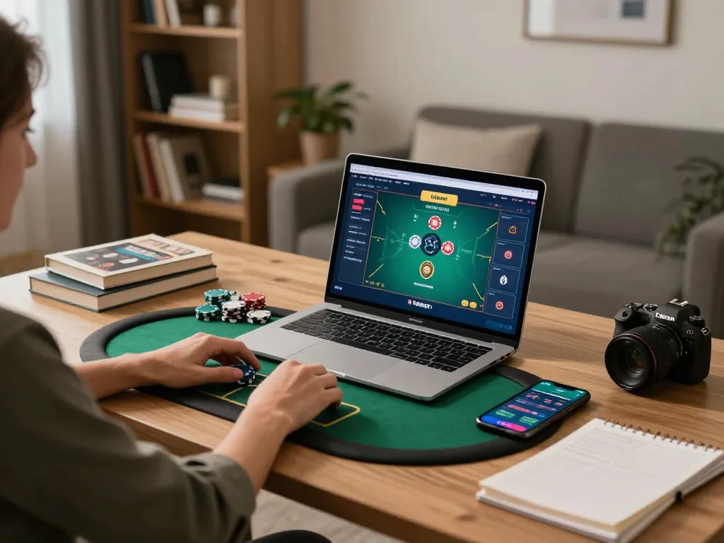 Engaging in strategic poker gameplay on fabet from a cozy home office setup