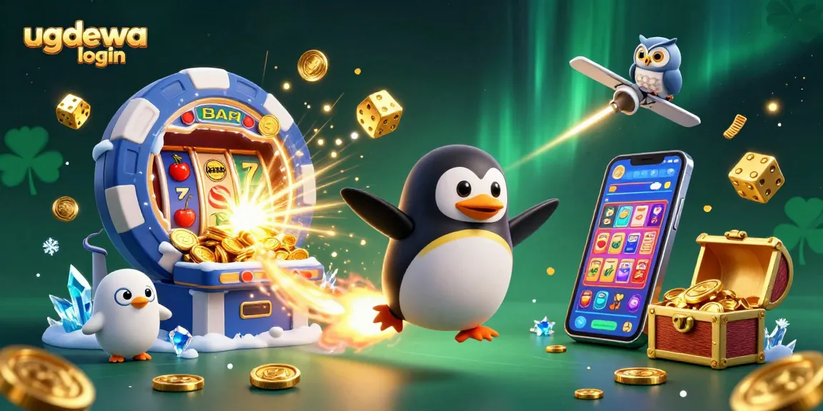 Engaging 3D scene showcasing the ugdewa login with a golden penguin and casino elements illustrating a dynamic gaming atmosphere.