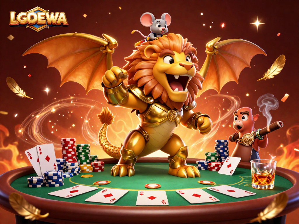 Experience the thrill of gambling with LGODEWA's vibrant casino scene featuring a triumphant chimera.
