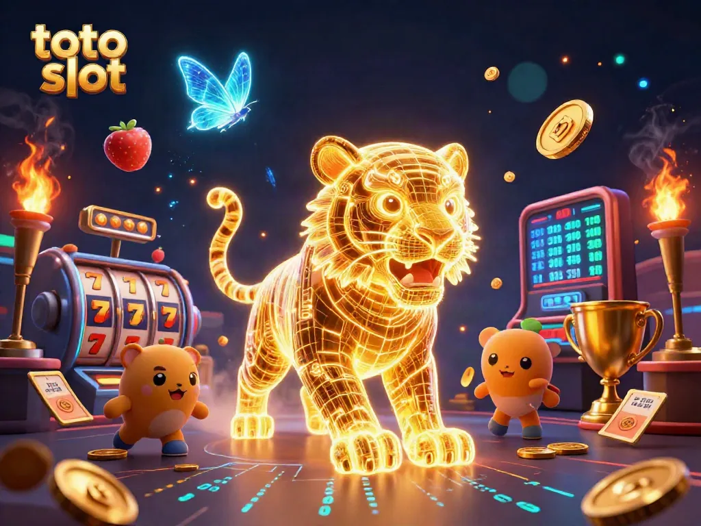 Experience the thrill of toto slot gaming with vivid visuals of a neon-wireframe tiger and slot reels.