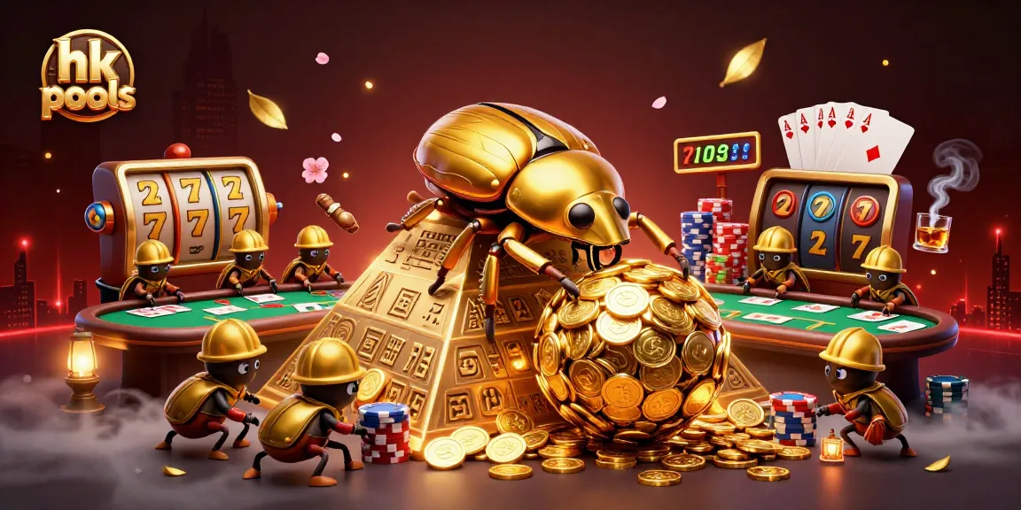 Visualisasi menarik hk pools dengan serangga emas main slot di piramida bertema kasino.