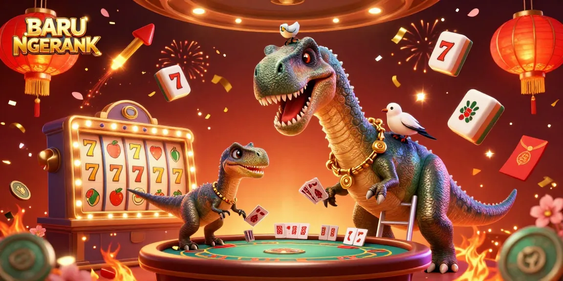 Join the action with BARU NGERANK in this vibrant 3D casino scene featuring slot reels and celebratory fireworks.