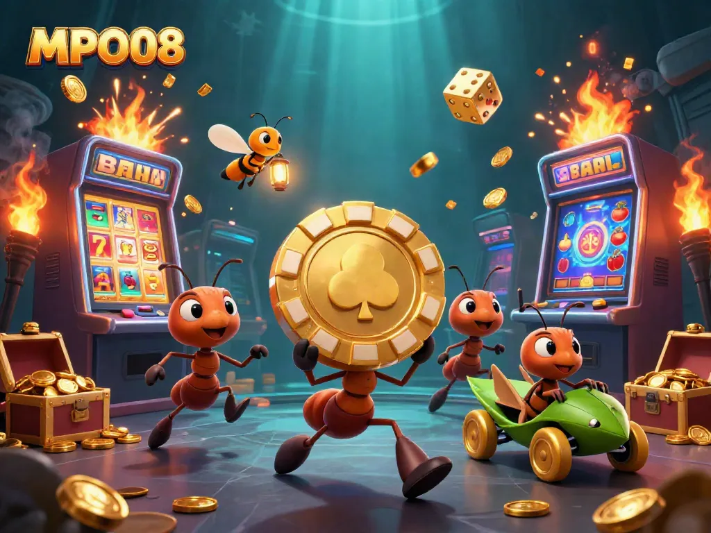 MPO08 showcases ants expertly maneuvering a massive golden poker chip amid a vibrant casino jackpot scene.