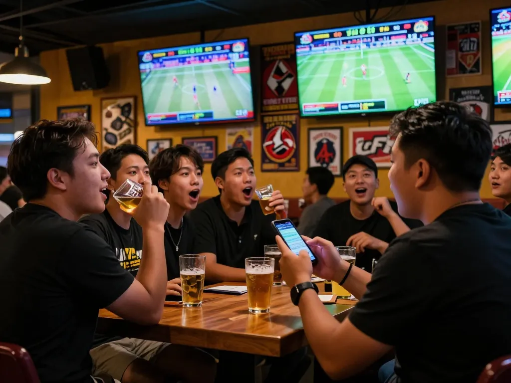 The excitement of tracking tỷ lệ kèo nhà cái hôm nay in a sports bar with multiple screens and engaged bettors.