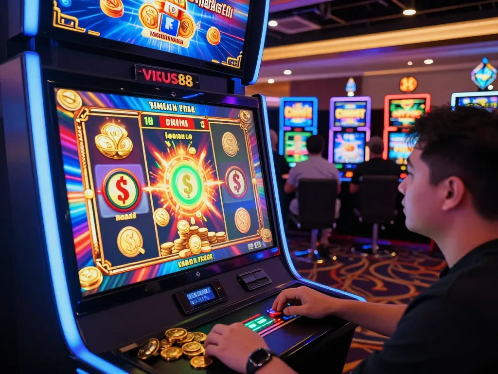 Pemain terlibat dengan permainan slot virus88 yang berwarna-warni dalam suasana kasino online yang menarik.