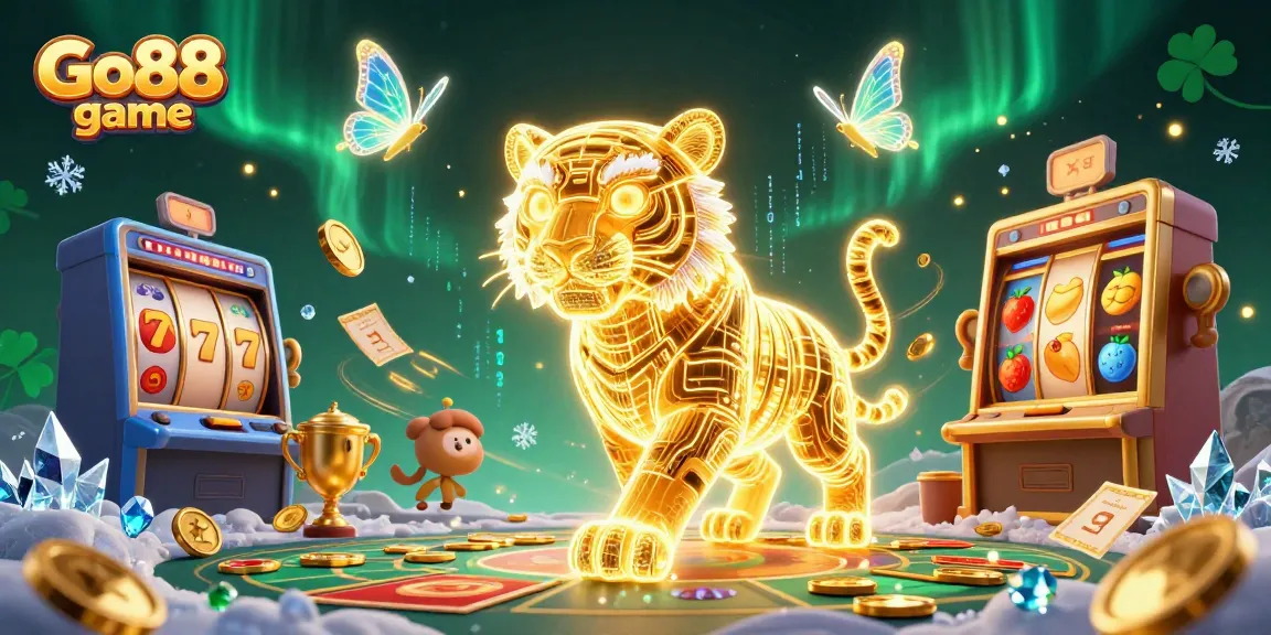 Experience the excitement of Go88 game with a golden tiger, slot machines, and winning elements in a vibrant casino.