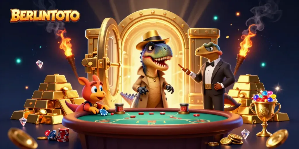 Experience thrilling gaming adventures at BERLINTOTO with a vibrant scene of a velociraptor at the blackjack table.