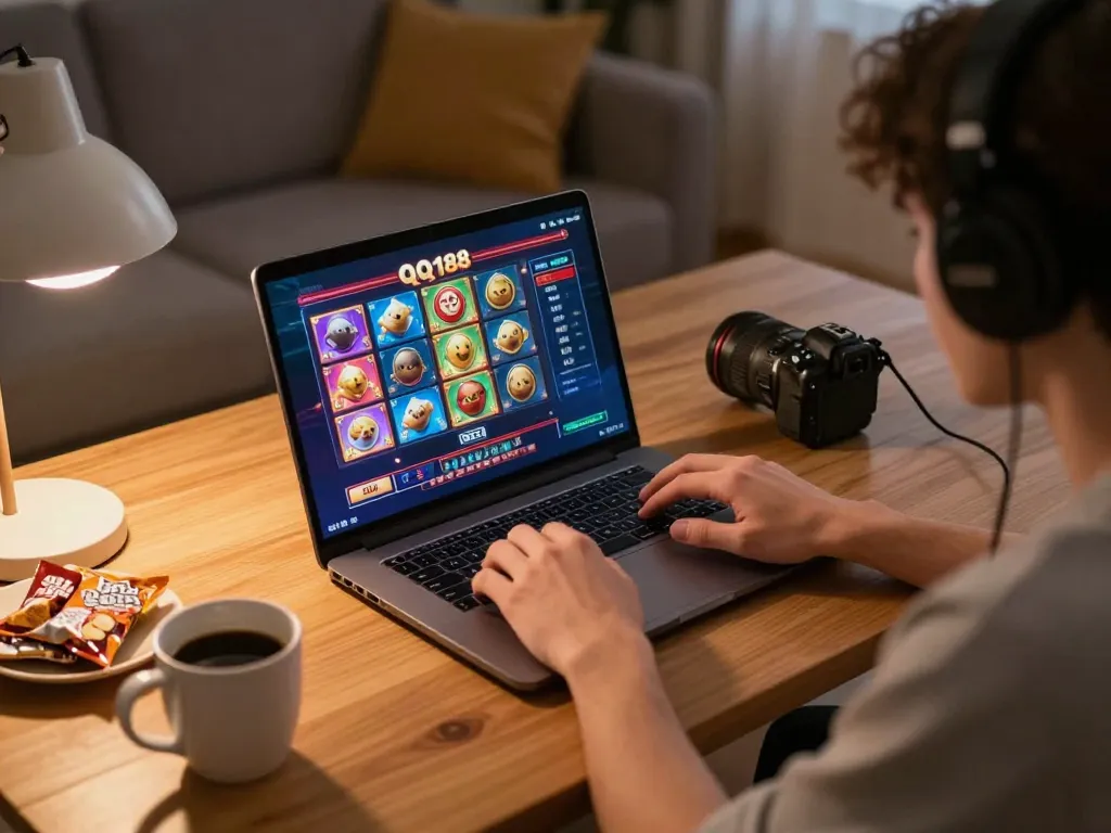 Terlibat dalam permainan slot QQ188 secara online dari pengaturan kantor rumah yang nyaman dengan visual yang cerah dan fokus.