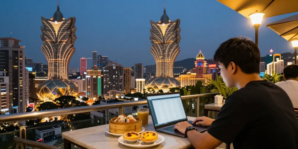 Engaging scene of a person at a café analyzing rajabandot data in Macau's vibrant skyline.