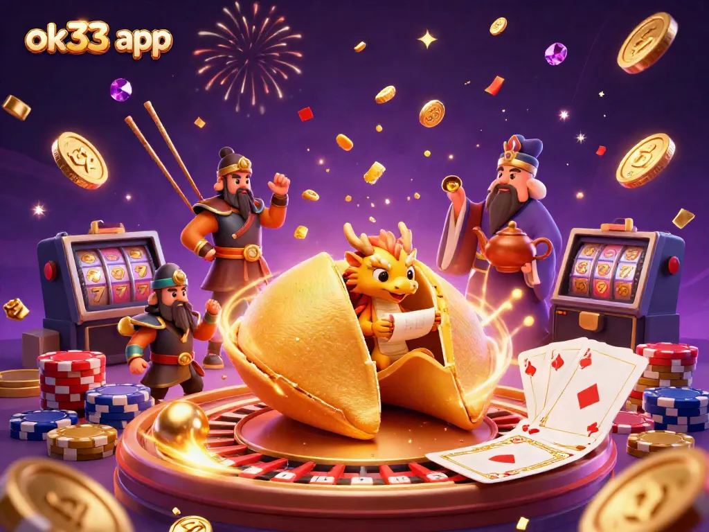 Experience the excitement of the ok33 app with a vibrant 3D casino scene featuring golden fortunes and dynamic gaming action.