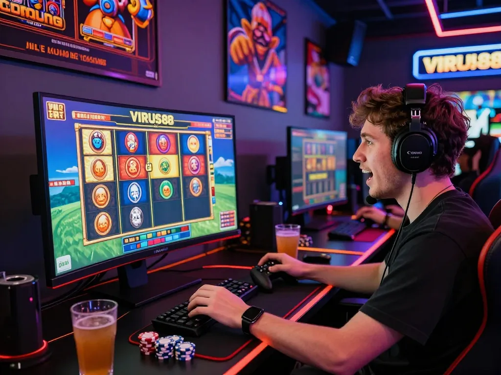 Pengaturan permainan slot VIRUS88 yang imersif dengan layar berwarna-warni dan aksesori permainan.