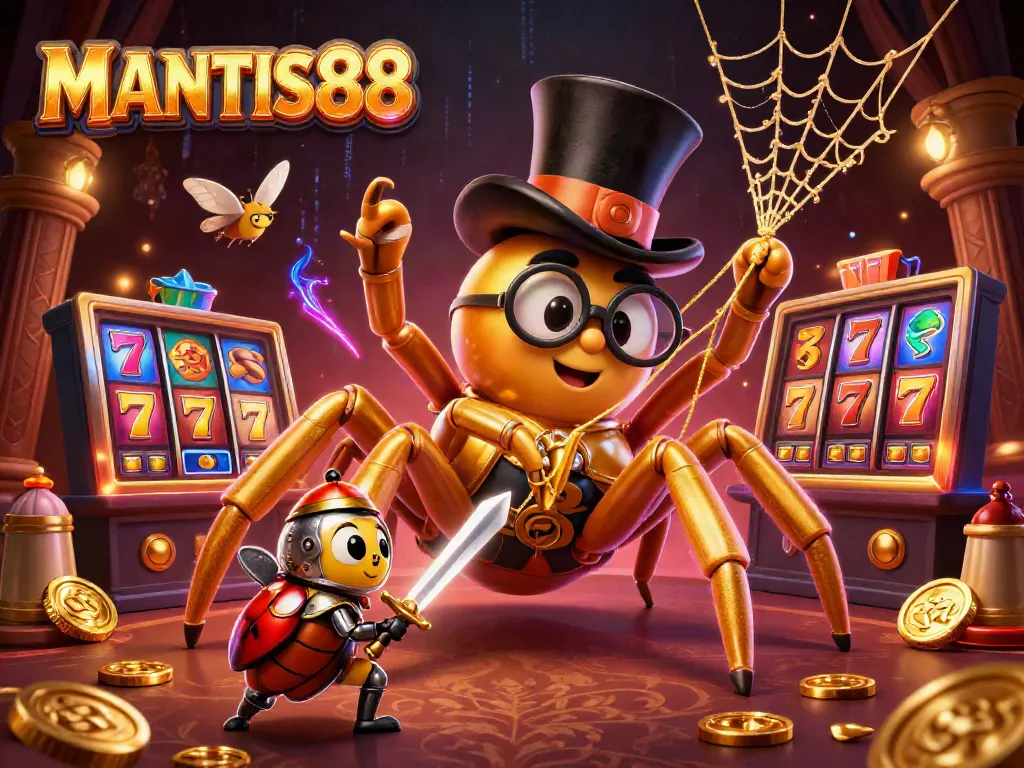 MANTIS88 offers a captivating 3D scene with a golden tarantula and a knight at an exciting casino.