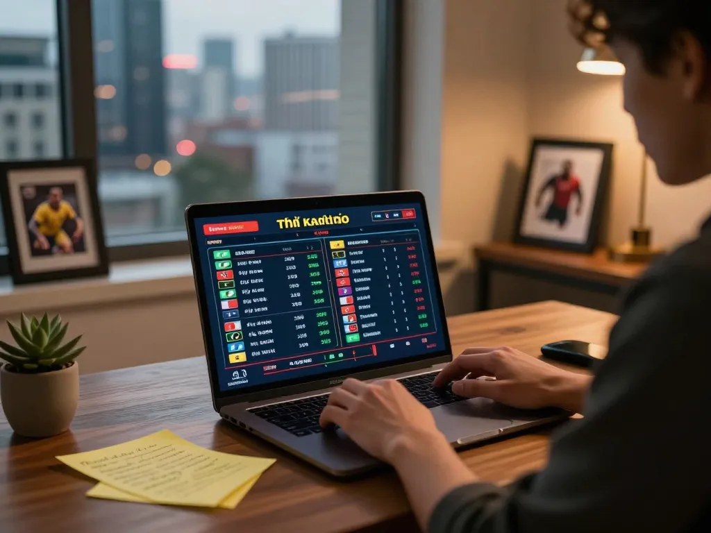 Engaged in analyzing tỷ lệ kèo nhà cái for sports betting on a laptop in a stylish home setup.