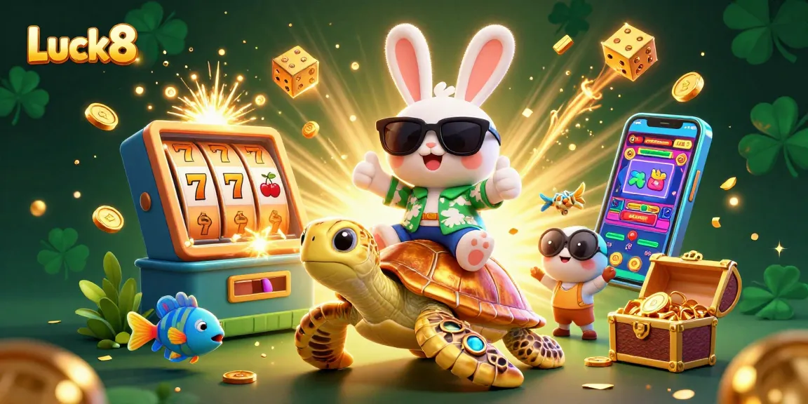 Engage with Luck8 thrilling games alongside a lucky rabbit and golden turtle in this vibrant casino scene.