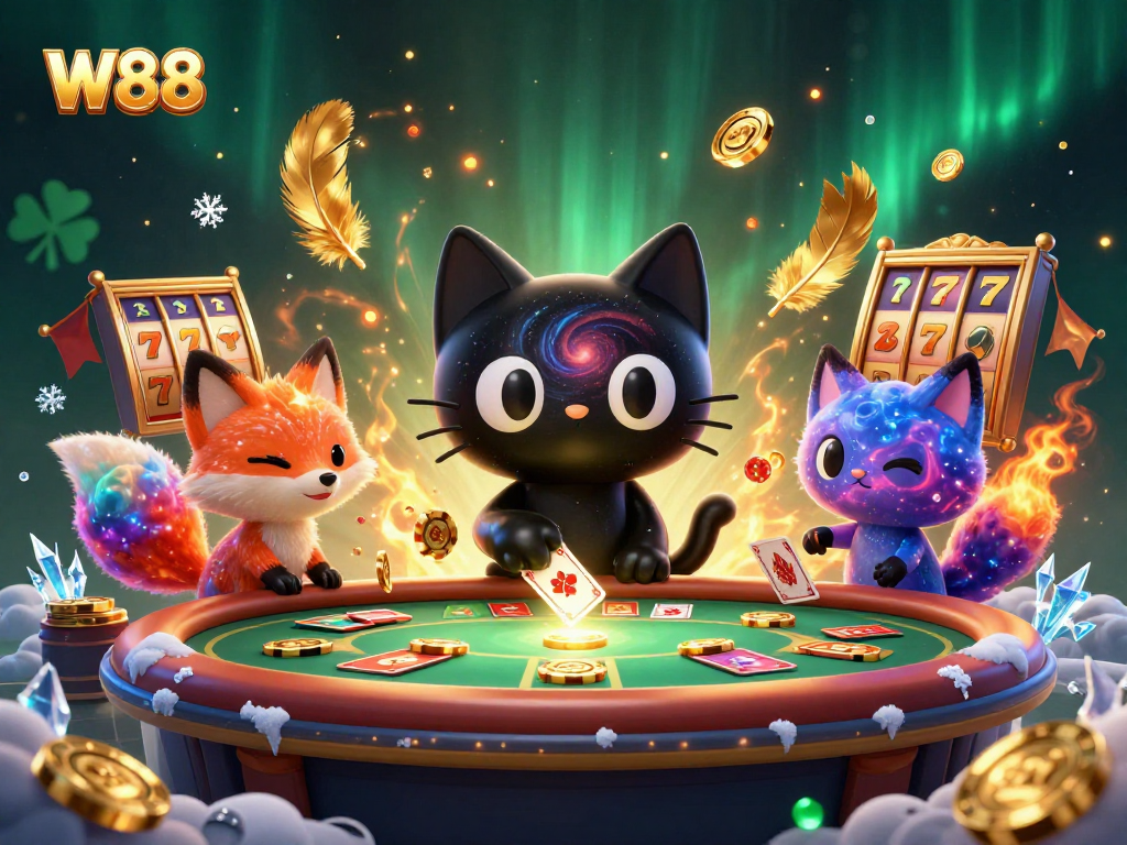 W88's engaging cosmic casino scene features a black hole cat and a nebula fox in action.